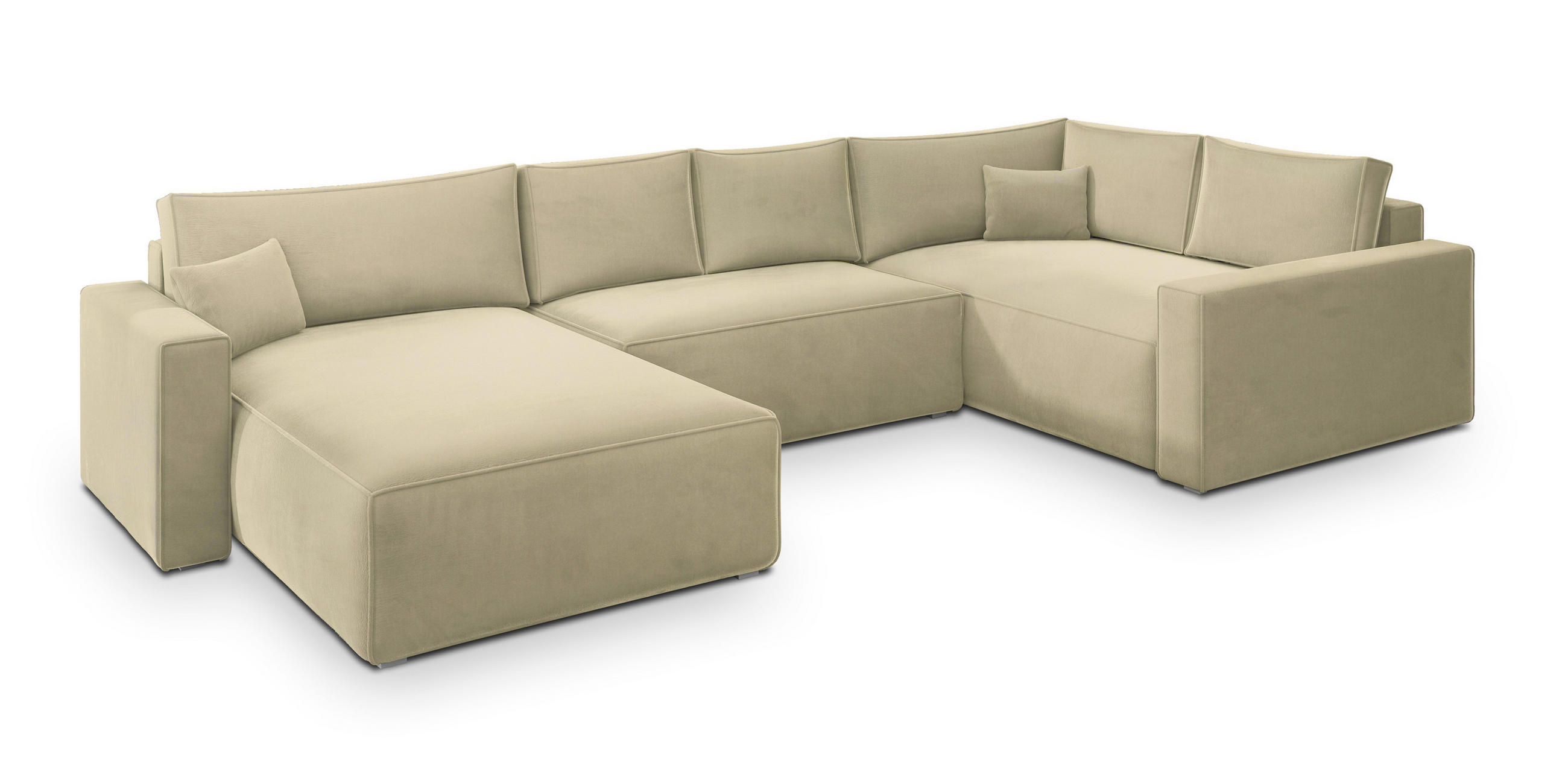 WOHNLANDSCHAFT VELAMI R-S Creme Velours-Stoff mit Schlaffunktion - Creme, Holz (365/83/194cm) - MASSENO