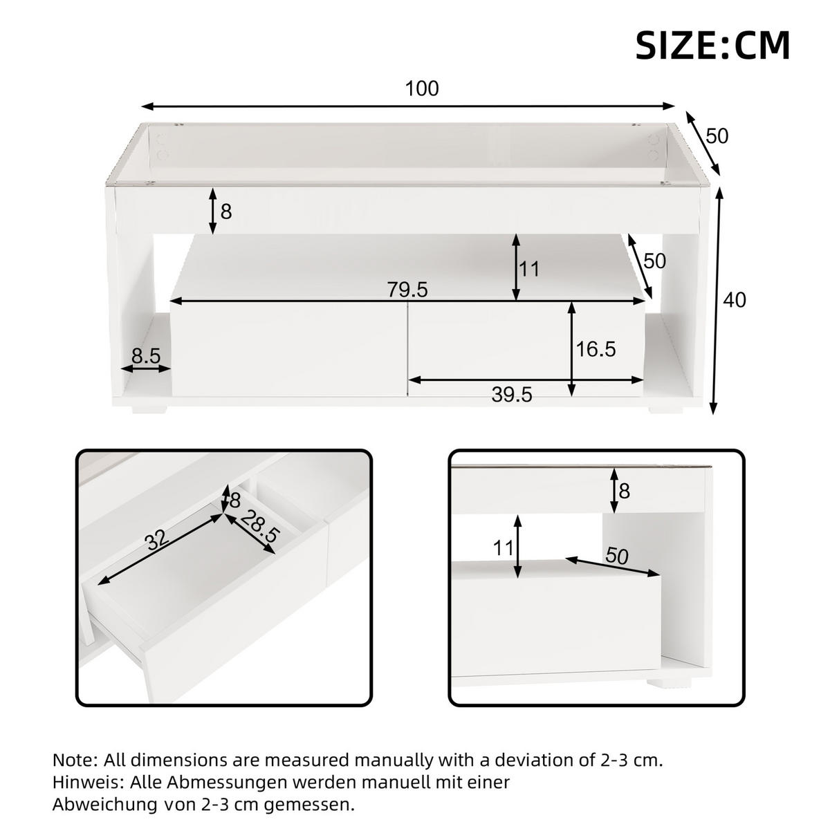 KONFERENČNÍ stolek, 100/50/40 cm bílý, s LED osvětlením a 2 zásuvkami - bílá, kompozitní dřevo (100/50/40cm) - BEAOK