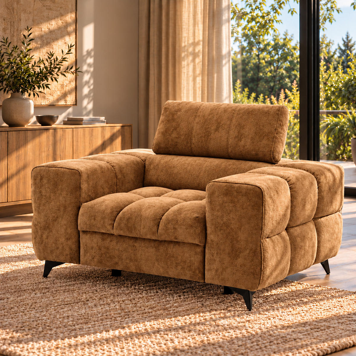 SESSEL PUDDING mit verstellbare Kopfstütze Velours Hellbraun - Hellbraun/Schwarz, Holz/Textil (140/93/100cm) - Muffo