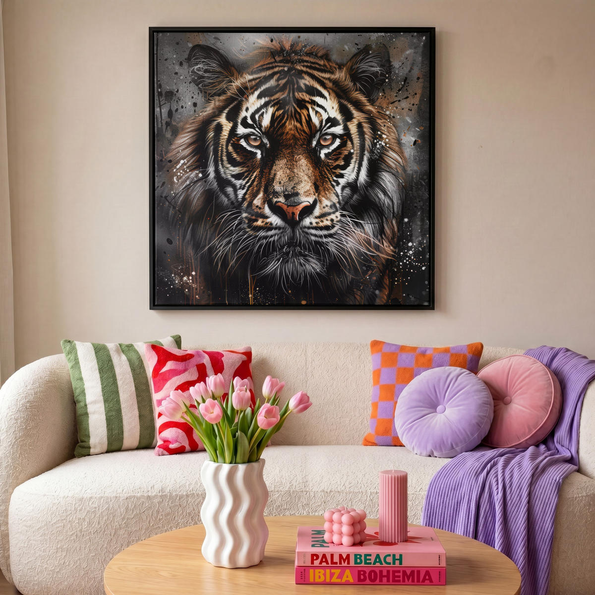 LEINWAND Bilder mit Rahmen - Tiger - Tiere - Porträt - Luxus - Schwarz - 90x90 - Braun, Textil (90/90cm) - MuchoWow