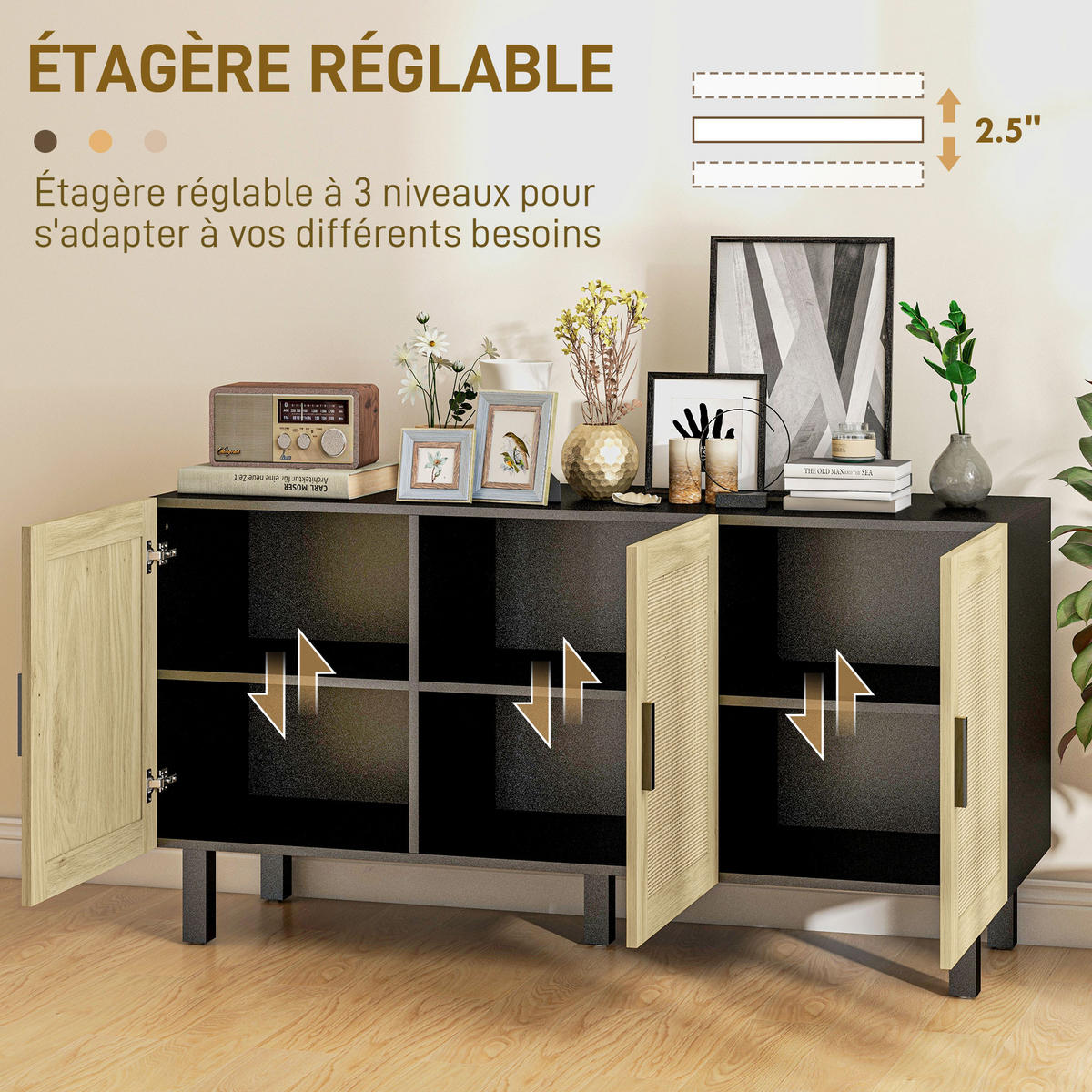 SIDEBOARD DE-11149 3 Korb-Türen Schwarz/Naturholz - Schwarz, Holzwerkstoff (136/70/41cm) - ComfortXL