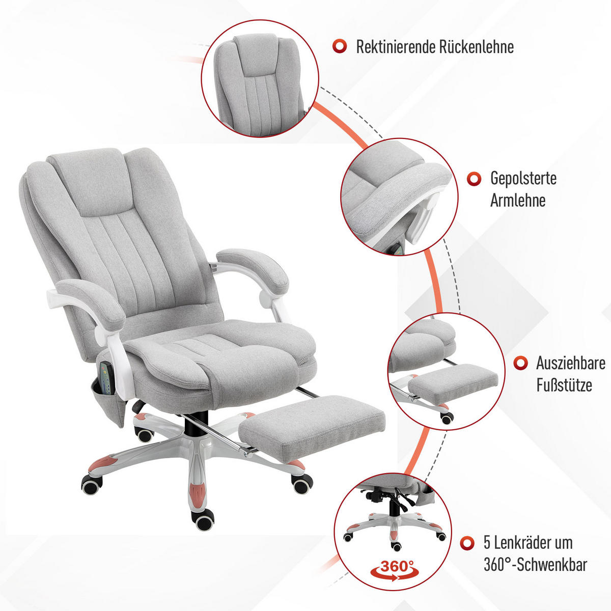 MASSAGE Bürostuhl, Schaumstoff, Grau - Grau, Kunststoff (63/107/66cm) - Vinsetto