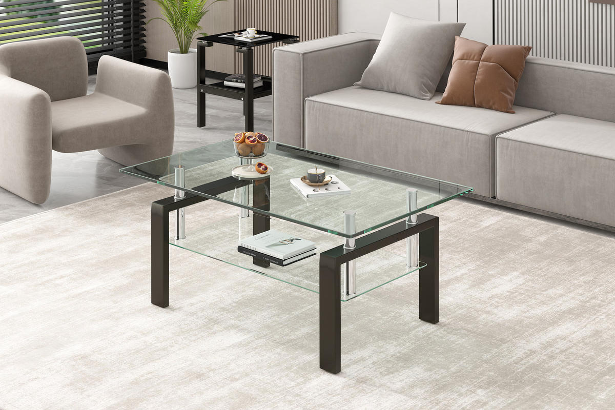 COUCHTISCH DE-37406 rechteckig mit zweistufigem Glas Transparent - Transparent, Metall (100/60/44cm) - ComfortXL