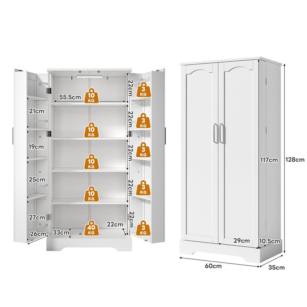 KÜCHENSCHRANK Weiß, Multifunktional mit LED-Sensorleuchte, Höhenverstellbare Einlegeböden, Doppeltür, 60/128/35 cm - Weiß, Kunststoff (35/128/60cm) - Rolipo
