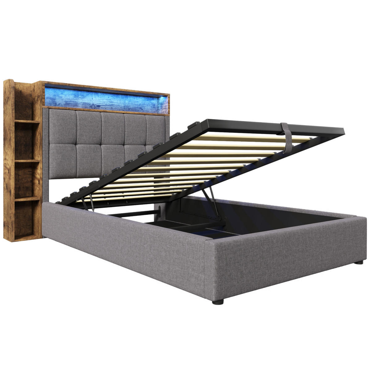 POLSTERBETT 90/200 cm Grau mit Stauraum, LED-Beleuchtung und USB-Anschlüssen - Grau, Textil (90/200cm) - Flora Grace