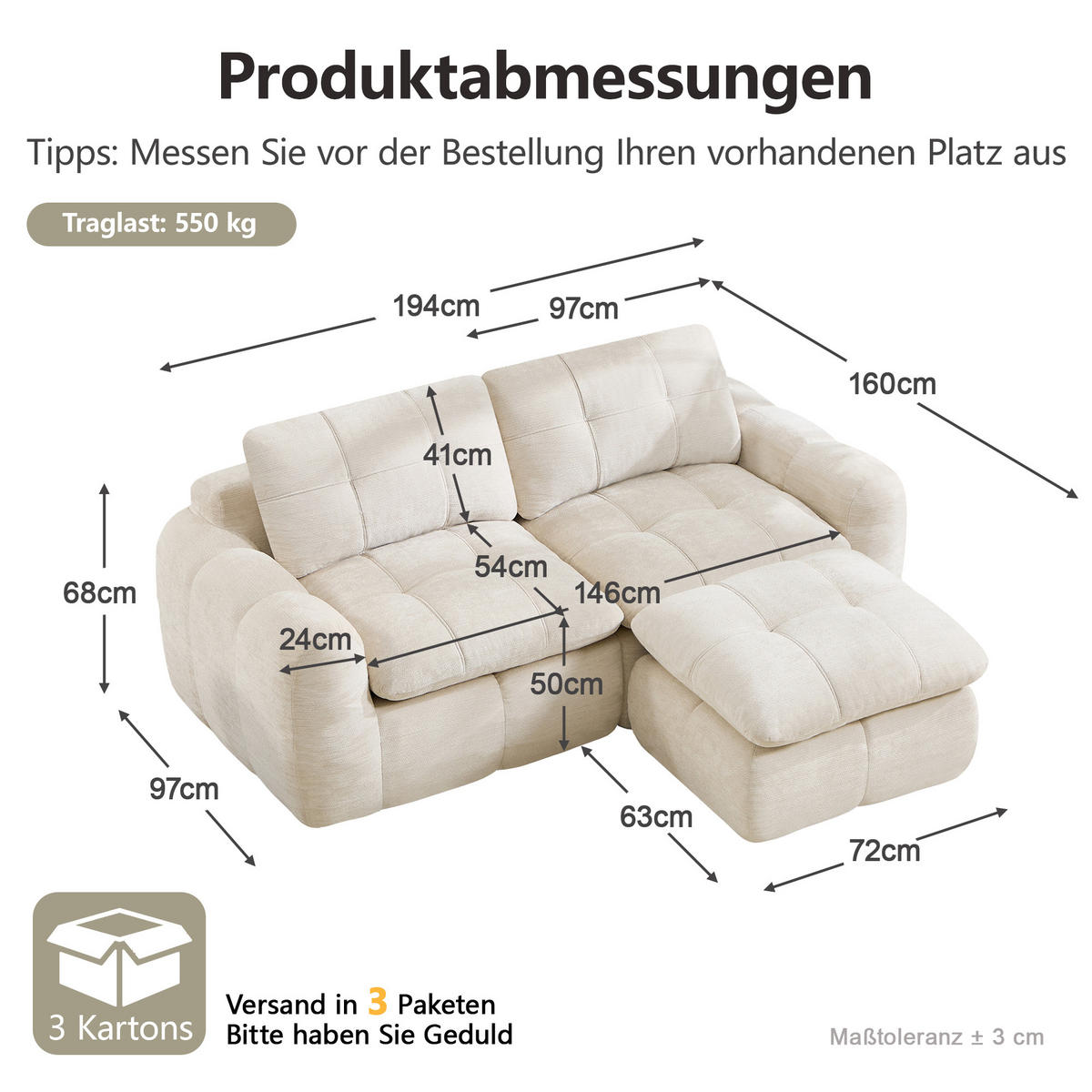ECKSOFA DE-34464 Karostepp-Design und Ottoman Beige - Beige, Textil (160/194cm) - ComfortXL