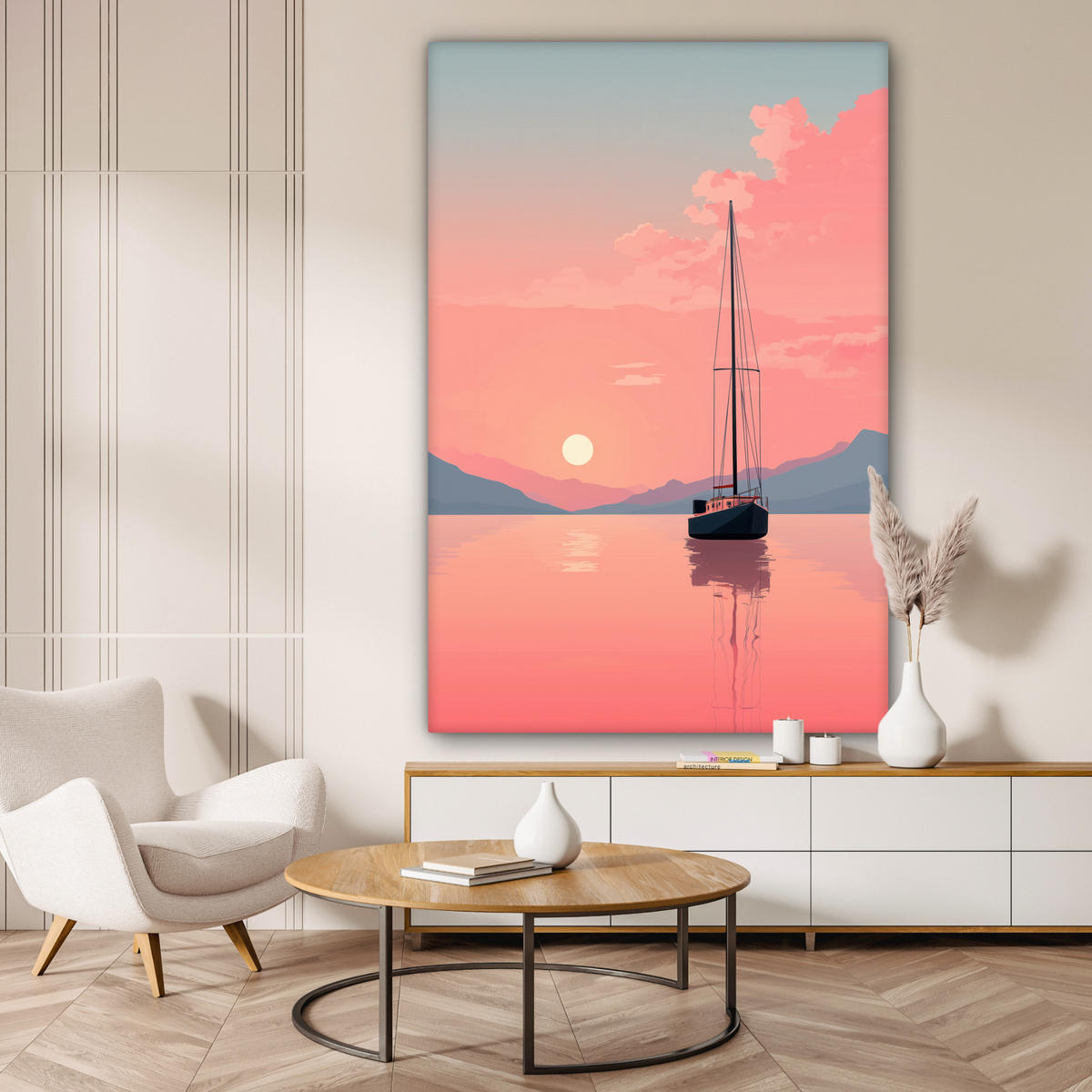 OBRAZ NA PLÁTNĚ Plachetnice - Růžové moře - Západ slunce - Hory 90x140 cm - růžová, textil (90/140cm) - MuchoWow