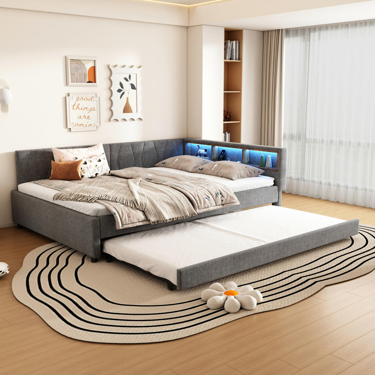 POLSTERBETT 140/200 cm Grau aus Leinen mit USB- und Type-C-Anschlüssen und LED - Grau, Textil (140/200cm) - Flora Grace