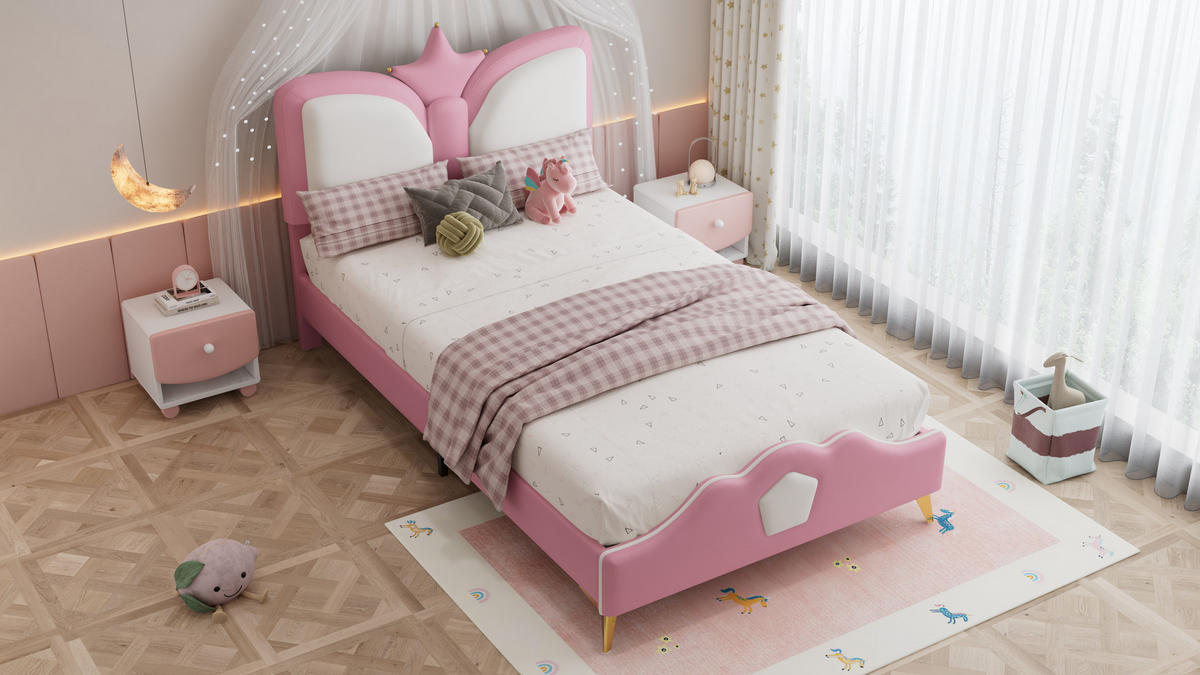 ČALÚNENÁ posteľ 90/200 cm, ružová/biela, detská posteľ, čelo postele s korunou - pink, drevo (90/200cm) - SHOPENTRA