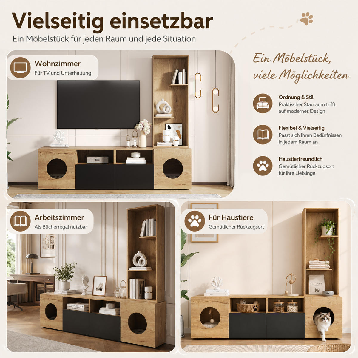 LOWBOARD mit Katzenhöhle und Regal, 185/40/162cm, Holzoptik, Schwarz - Eichefarben, Holz (185/162/40cm) - LVHOM