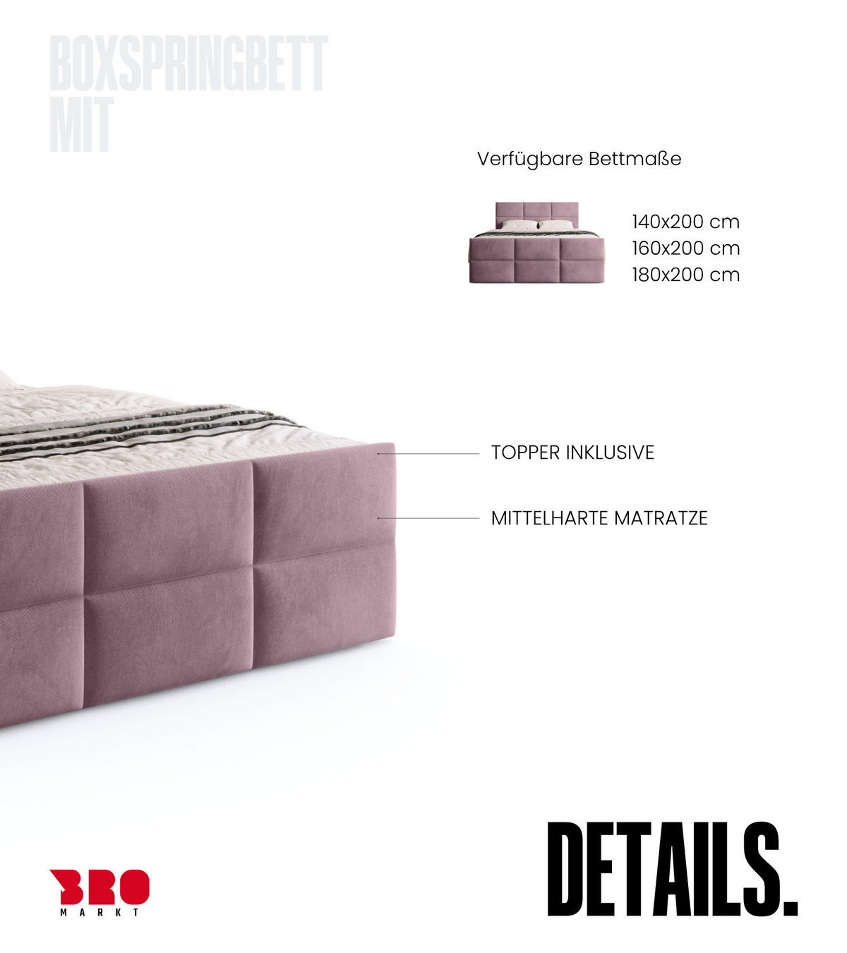 BOXSPRINGBETT Boston Duo Mit Bettkasten, Topper und Matratze Hellrosa Kronos 27 180x200 cm - Hellrosa/Schwarz, Textil (180/200cm) - Bromarkt
