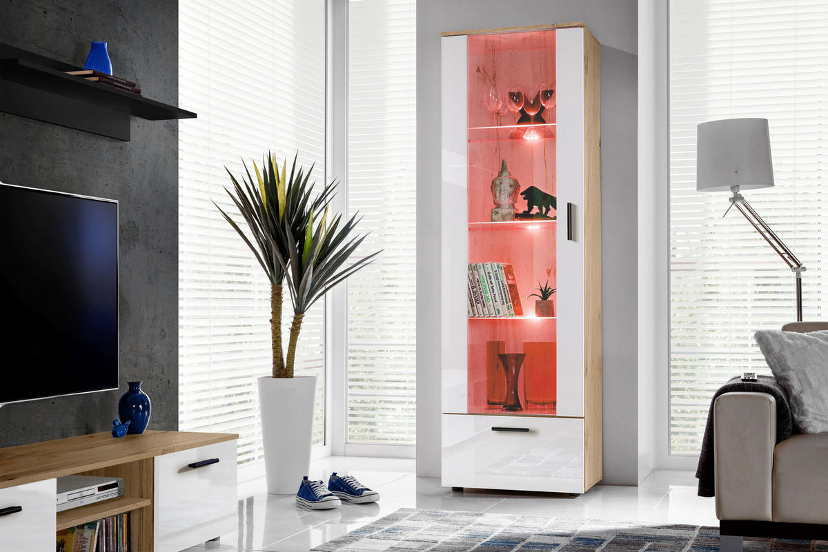VITRINE ALESSANDRIA, Weiss, LED Mehrfarbige - Eiche Wotan/Schwarz, Glas/Holzwerkstoff (60/192/42cm) - Komodee