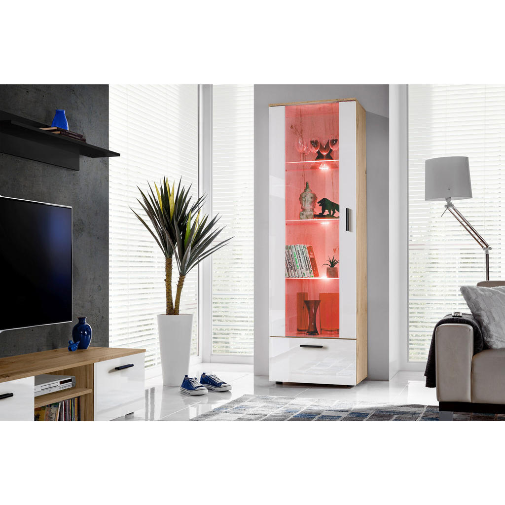 Thumbnail - Komodee Vitrine, Eiche Wotan, Weiß, Glas, Holz Optik, 3 Fächer, Rechteckig, 60x192x42 cm, Wohnzimmer, Wohnwände, Vitrine...