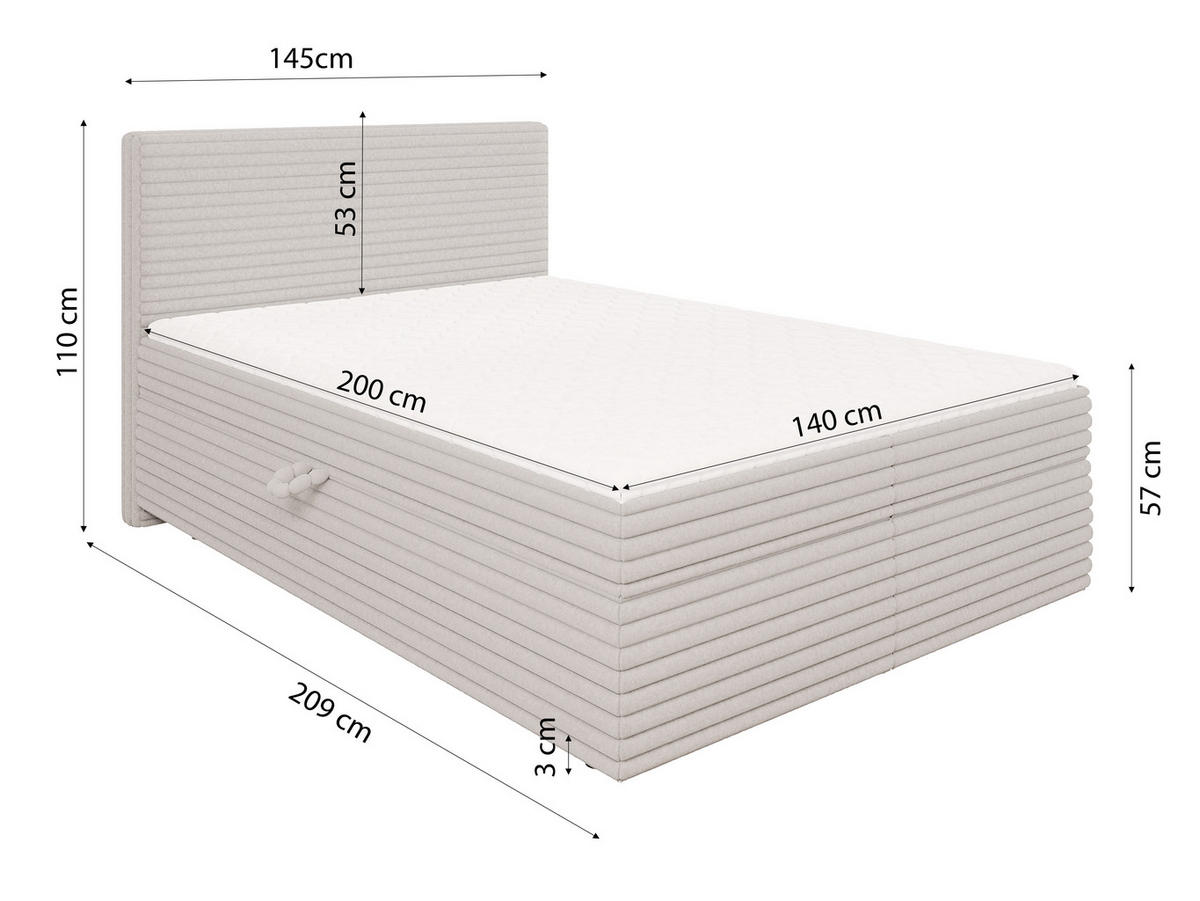 BOXBETT Roma 140/200 cm Hellgrau Plüschcord - Hellgrau/Schwarz, Holz/Kunststoff (140/200cm) - S-Style Möbel