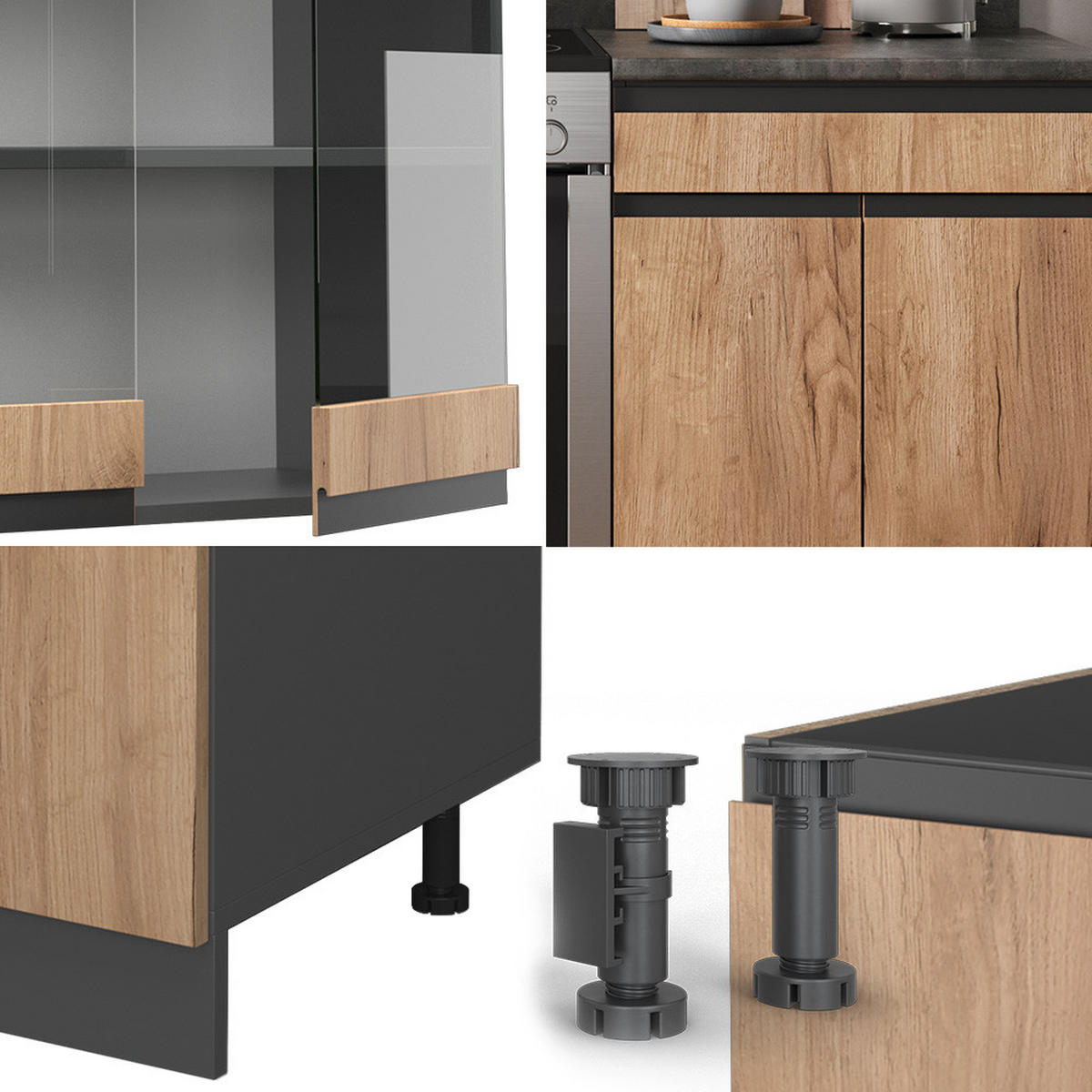 KÜCHENZEILE R-Line Goldkraft Eiche/Anthrazit 200 cm J-Shape - Honigeiche/Anthrazit, Holzwerkstoff (200/81.6/46cm) - Vicco