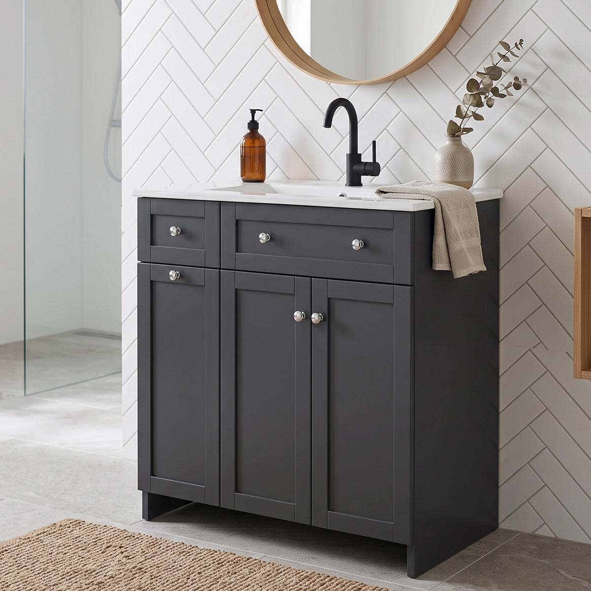 WASCHTISCH 76cm Keramikbecken 3 Schubladen Schwarz lackiert - Schwarz, Holzwerkstoff (76/86/47cm) - Urban Meuble