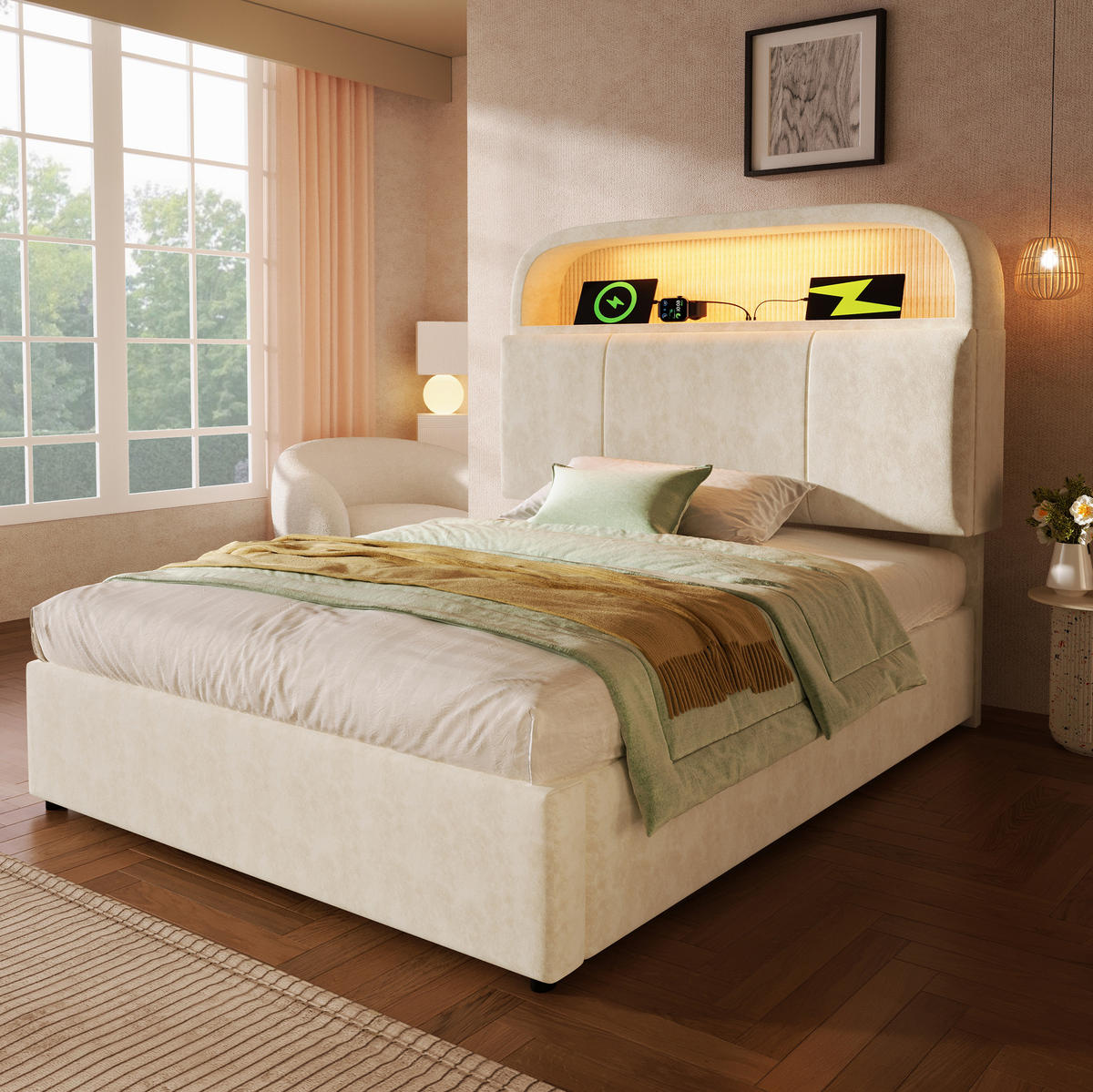 BETT mit Stauraum 90x200 cm Samt Beige inkl. Matratze - Beige, Metall (90/200cm) - Meubliv