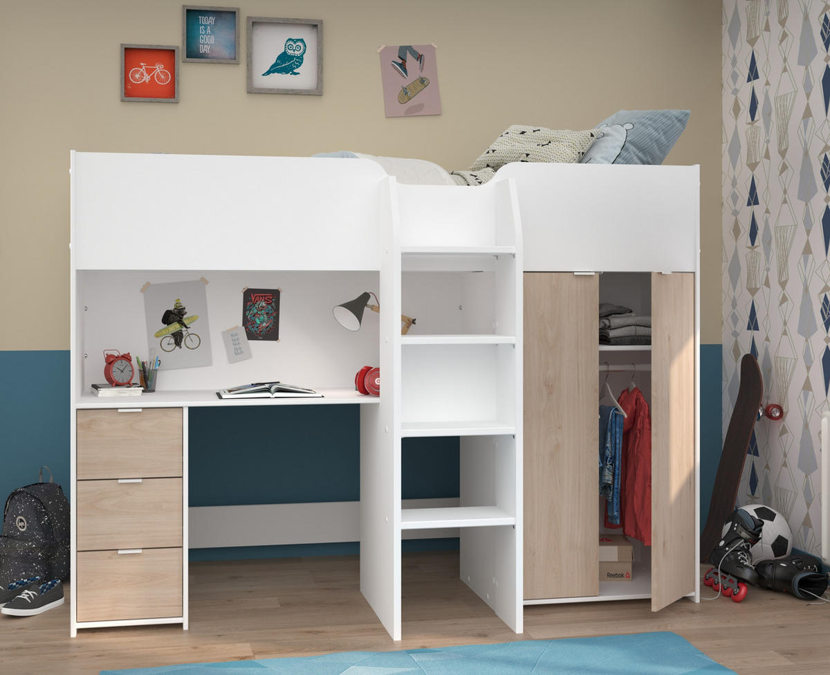 HOCHBETT Tom 1 in Jackson Eiche und Weiß 90 x 200 cm mit integriertem Schreibtisch und Kleiderschrank - Braun, Holzwerkstoff (90/200cm)