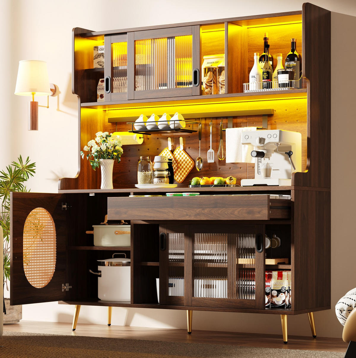 BUFFETSCHRANK 145/39/171 cm braun aus MDF mit LED, Lochplatte und Fluted-Glas-Türen - Braun, Holzwerkstoff (145/171/39cm) - OKWISH