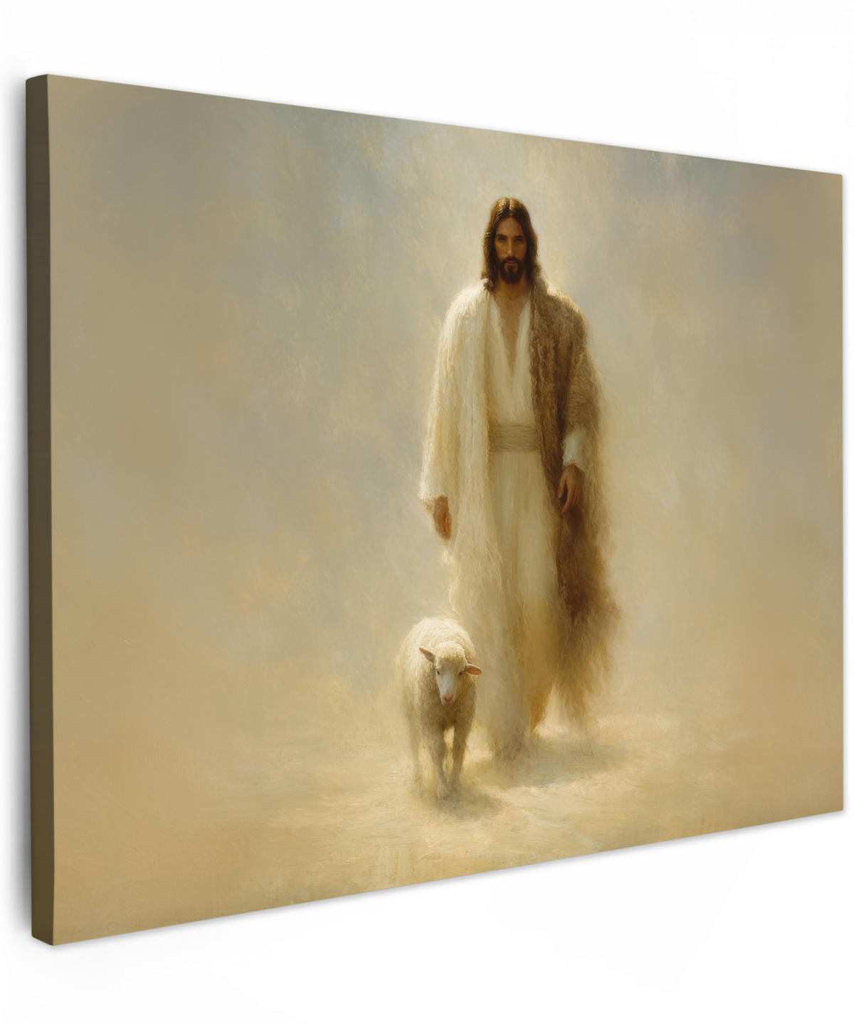 LEINWANDBILD Schaf - Jesus - Pinselstriche - Abstrakt Wandbilder 80x60 cm - Sandfarben, Textil (80/60cm) - MuchoWow