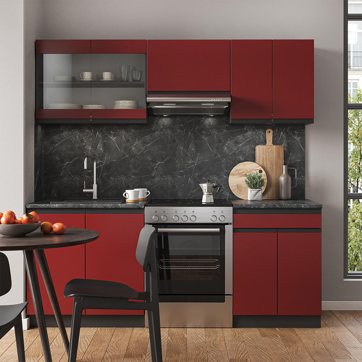 KÜCHENZEILE R-Line Rot/Anthrazit 200 cm, AP Marmor - Anthrazit/Rot, Holzwerkstoff (200/81.6/60cm) - Vicco