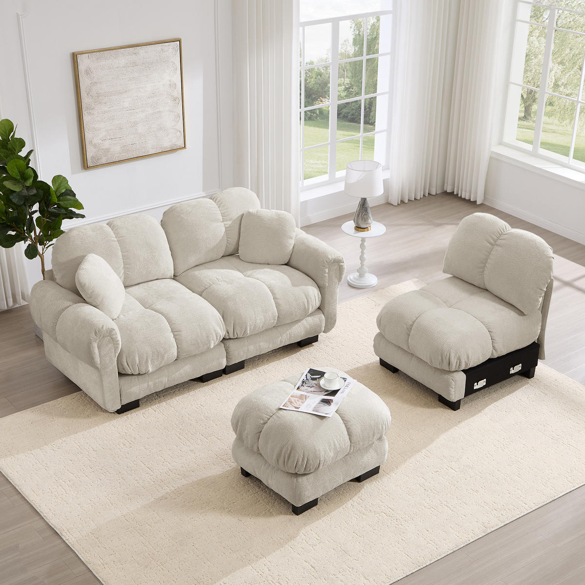ECKSOFA 260/149/90 cm Hellkhaki Cord mit mobiler Ottomane und 2 kleinen Dekokissen - Kaschmir/Graubraun, Textil (260/149cm) - Oxeza