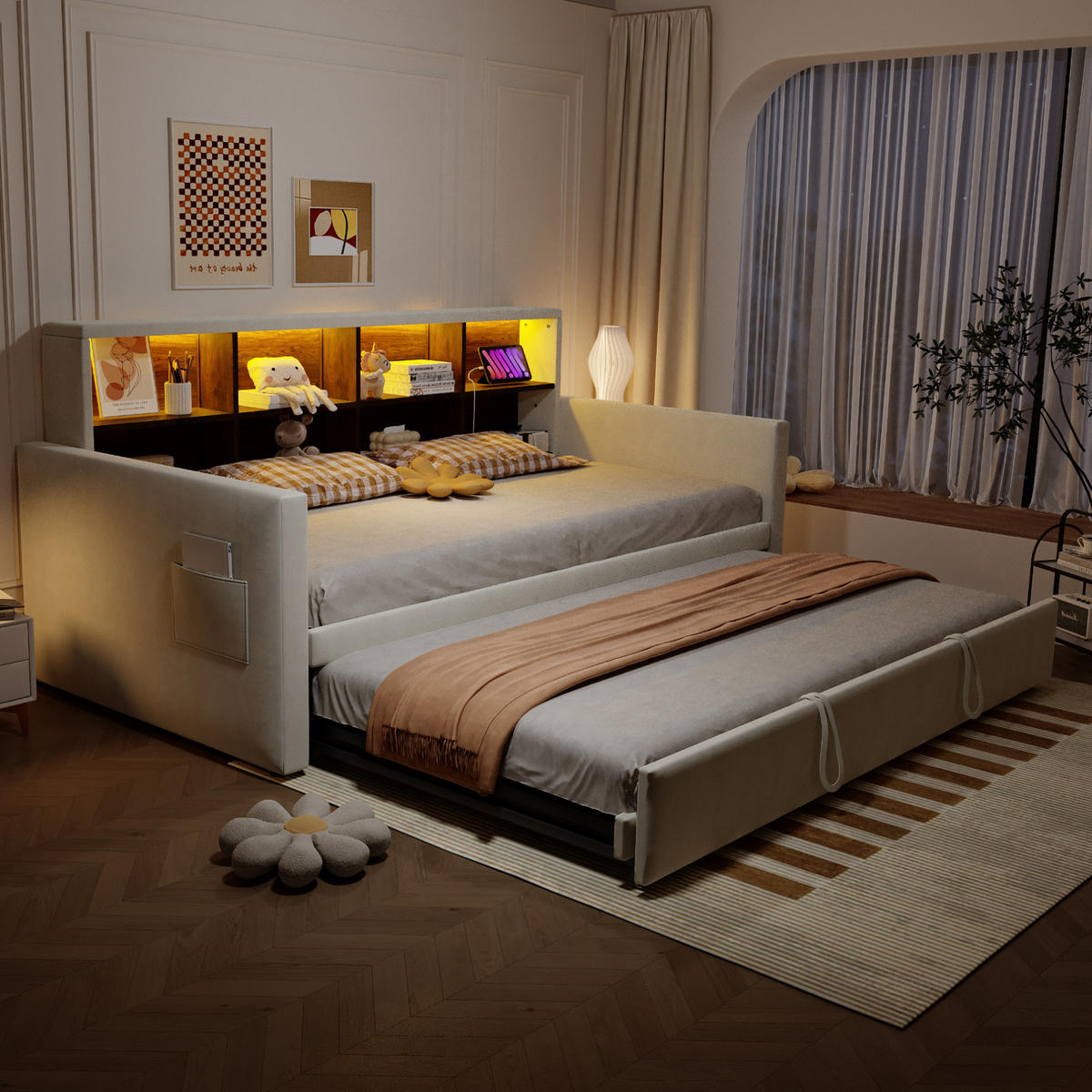 POLSTERBETT 90/180×190 cm Beige mit LED-Beleuchtung und USB- und Type-C-Anschlüssen - Beige, Textil (90/190cm) - Flora Grace