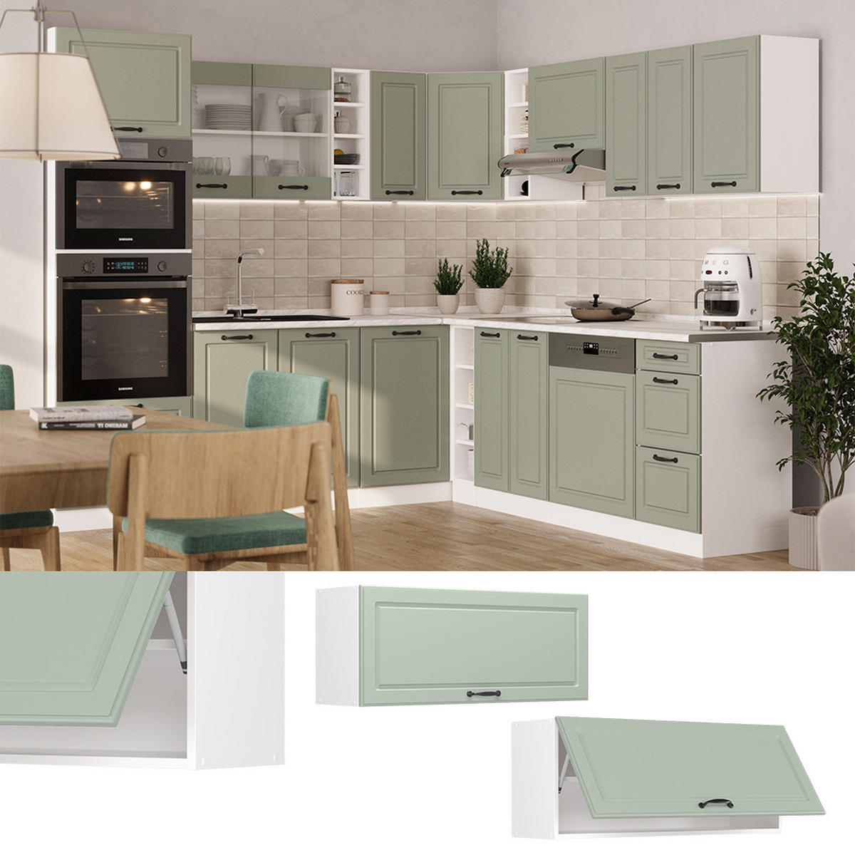 HÄNGESCHRANK R-Line, Mint Landhaus/Weiß, 100 cm Flach - Weiß/Mintgrün, Holzwerkstoff (100/40/31cm) - Vicco