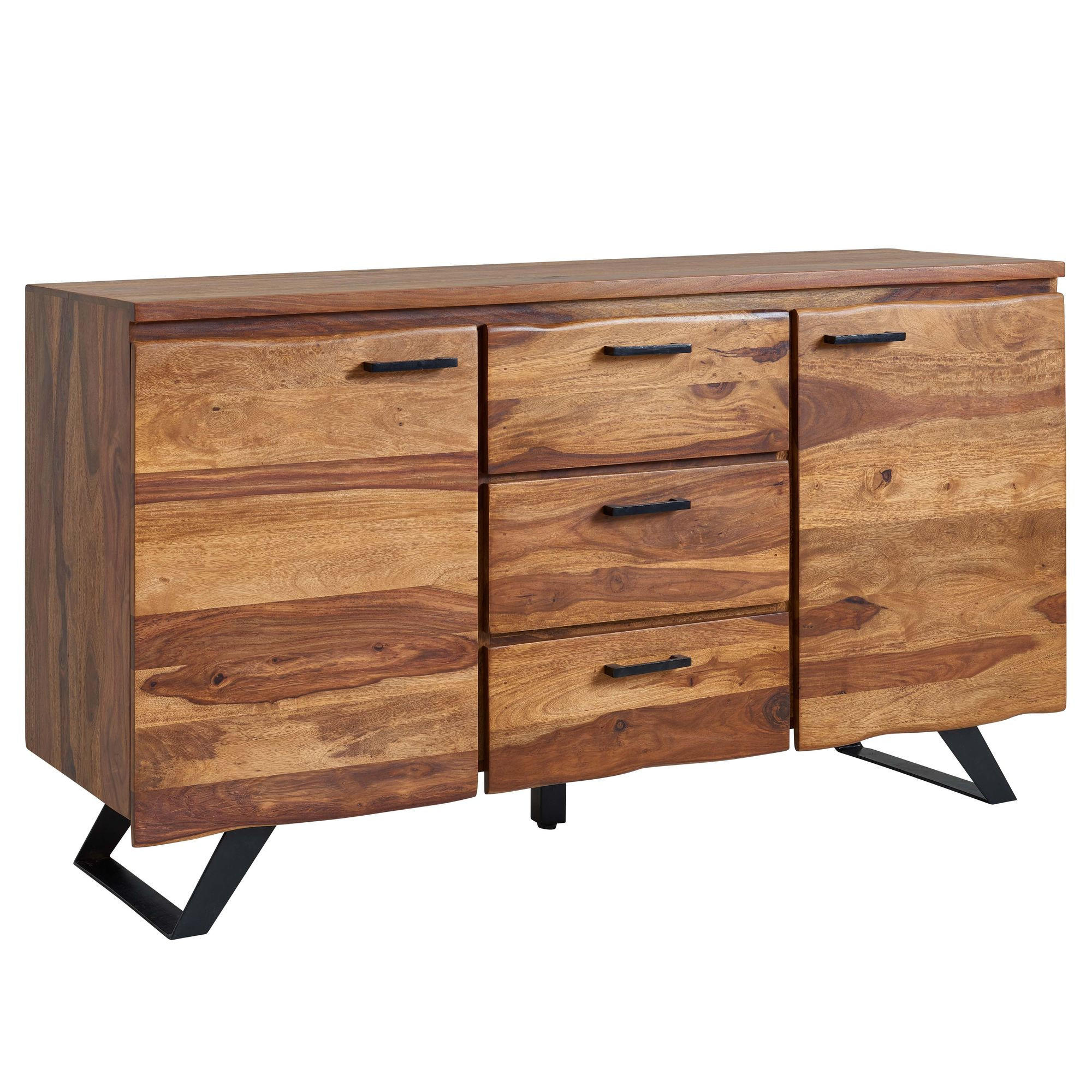 SIDEBOARD – Massivholz/Metall, 145x82x45 cm, mit Baumkante, Schubladen - Schwarz/Braun, Holz/Metall (145/82/45cm) - KADIMA DESIGN