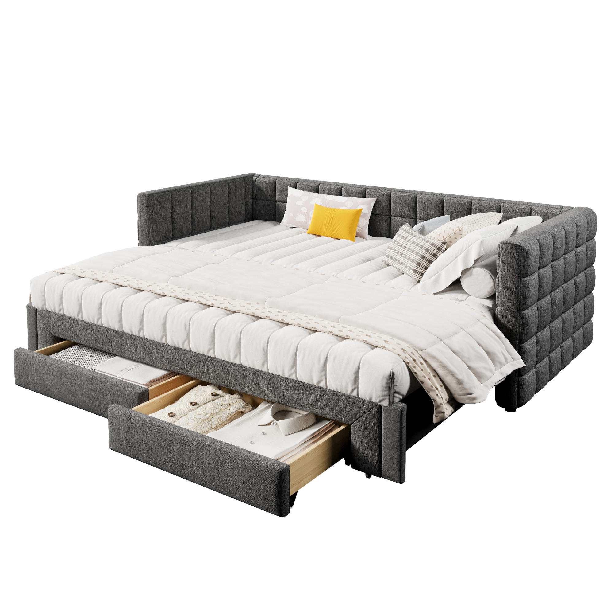 ROZKLADACIA posteľ 90/200 cm sivá zo zamatu a MDF s hranatým operadlom, výsuvným lôžkom a 2 zásuvkami - sivá, textil (90/200cm) - OKWISH