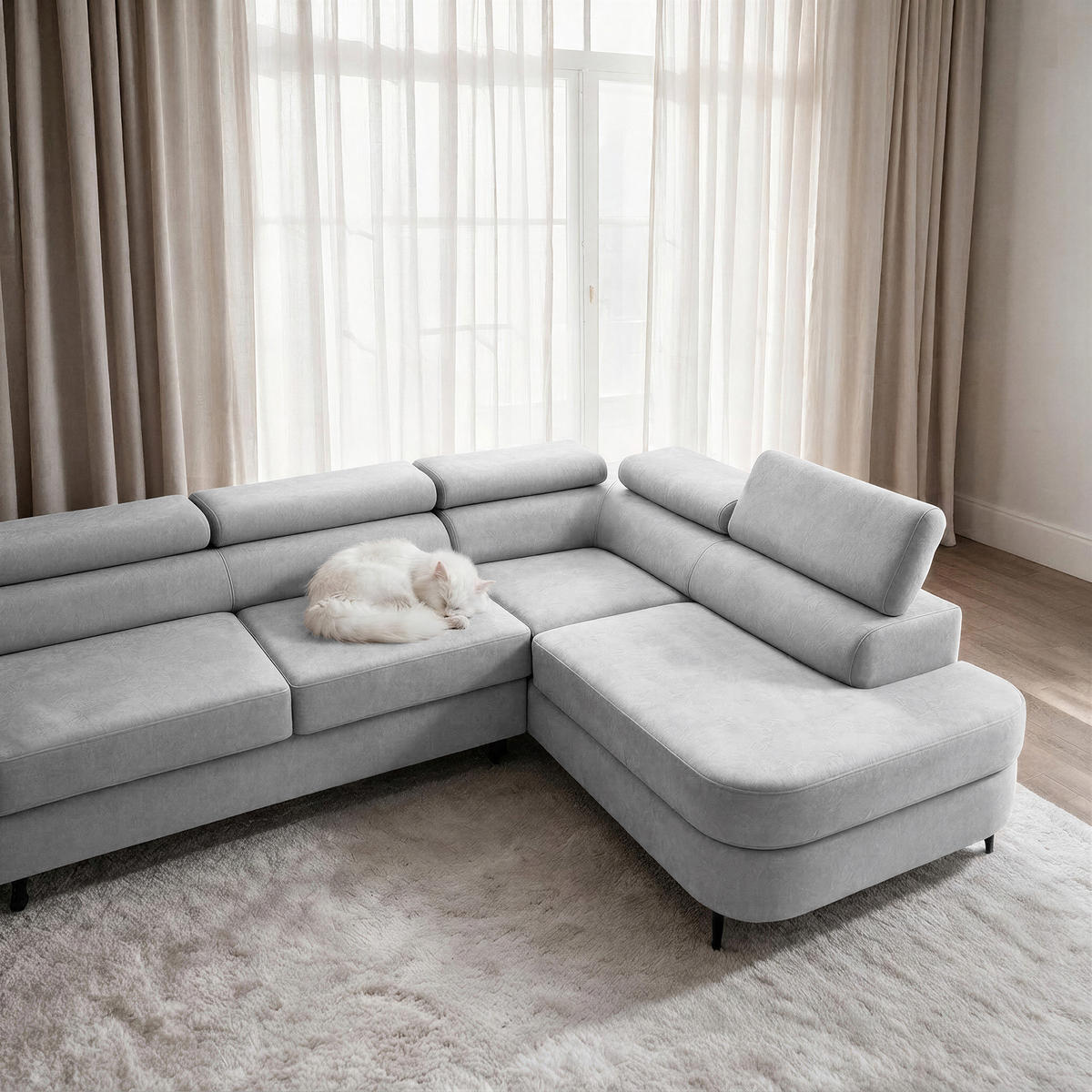 ECKSOFA PRIAM MAXI L-Form Rechts mit Schlaffunktion 125x195 Velours Hellgrau - Hellgrau/Schwarz, Holz/Textil (350/203cm) - Muffo