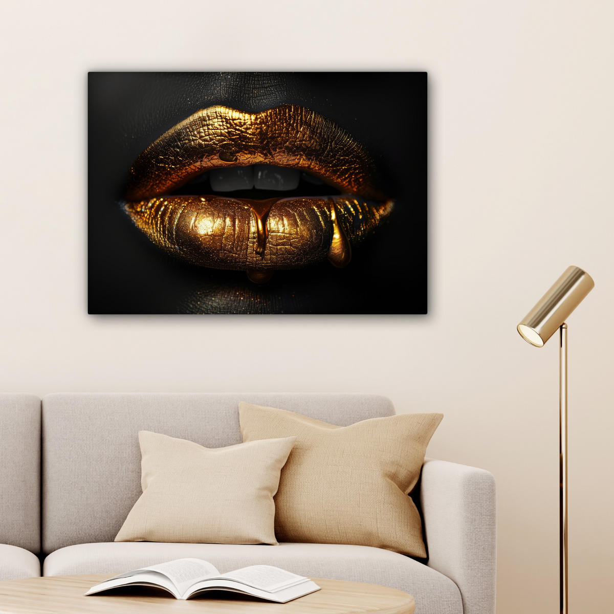 LEINWANDBILD Frau - Porträt - Lippen - Gold - Schwarz Wandbilder 80x60 cm - Schwarz, Textil (80/60cm) - MuchoWow