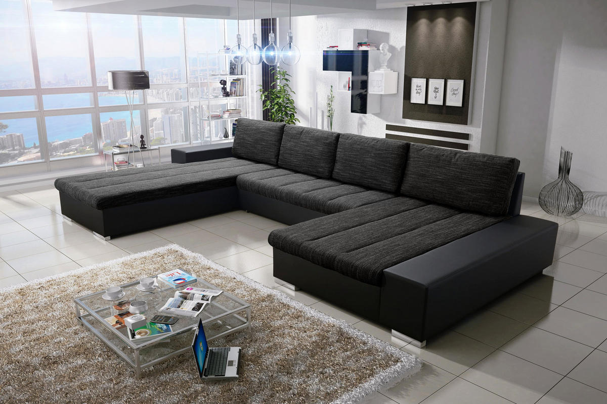 WOHNLANDSCHAFT VERONA U-Form mit Schlaffunktion, Bettkasten und Wellenfederung – Großzügiges Ecksofa 387 cm - Schwarz, Kunststoff (387/85/213cm) - Wohnideebilder