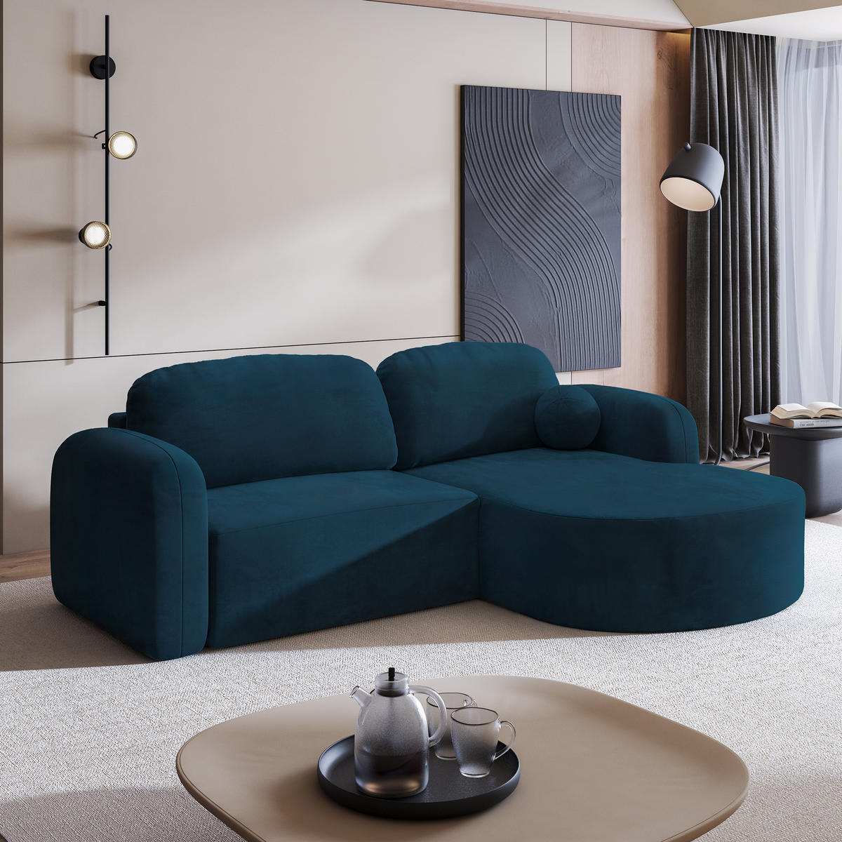ECKSOFA AMILIA M R-S Blau Velours-Stoff mit Schlaffunktion - Blau, Holz (263/174cm) - MASSENO