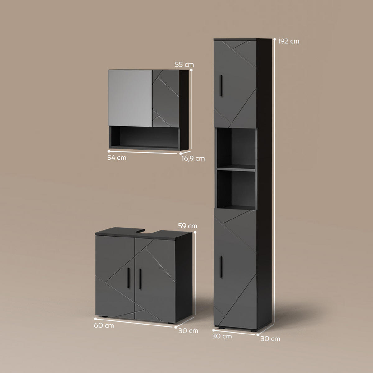 BADMÖBEL-SET Ronco Anthrazit Hochglanz 3 Teile, mit Hochschrank - Anthrazit, Holzwerkstoff (60/192/30cm) - Livinity®