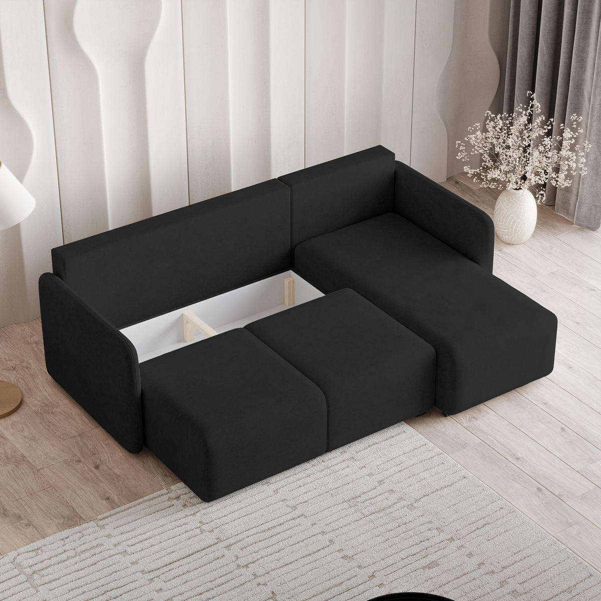 ECKSOFA SUVINO Schwarz Geflochtener Stoff mit Schlaffunktion - Schwarz, Holz (230/143cm) - MASSENO