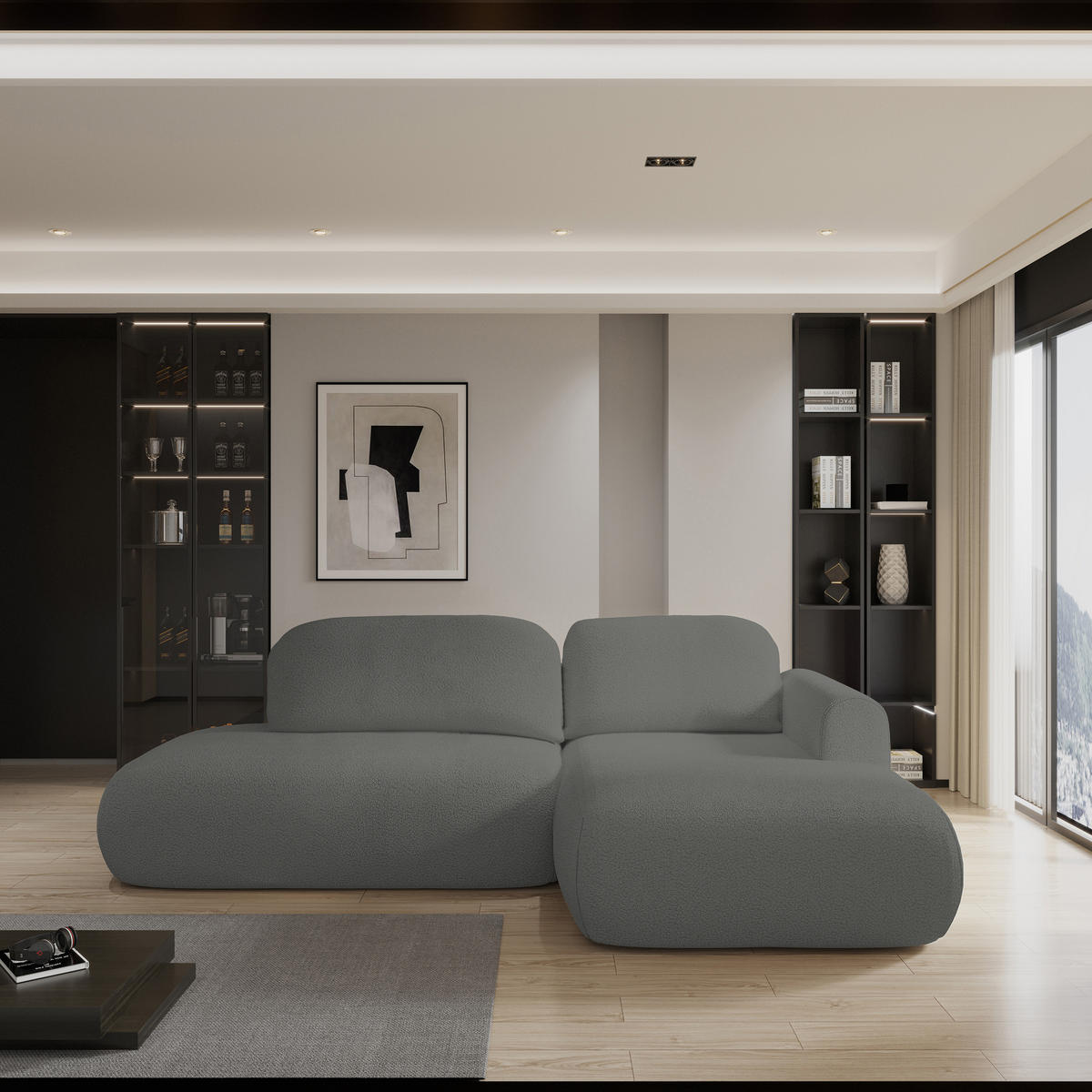 ECKSOFA NUVIRA R-S Grau Boucle-Stoff mit Schlaffunktion - Grau, Holz (274/165cm) - MASSENO