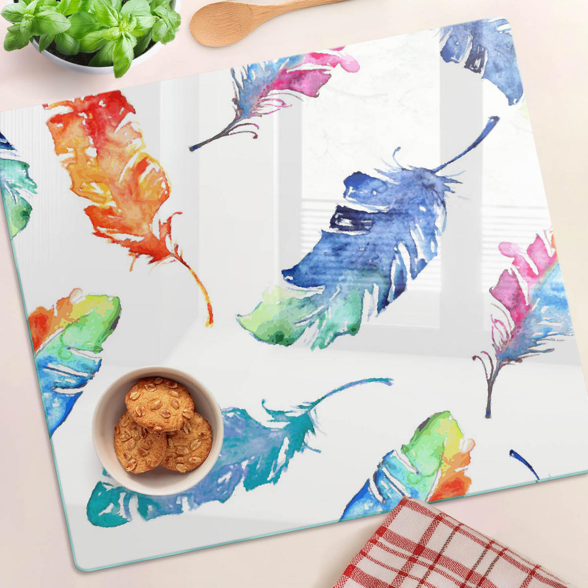 GLASPLATTE 60x52 cm Bunte Federn - Multicolor, Glas (60/0.4/52cm) - TULUP