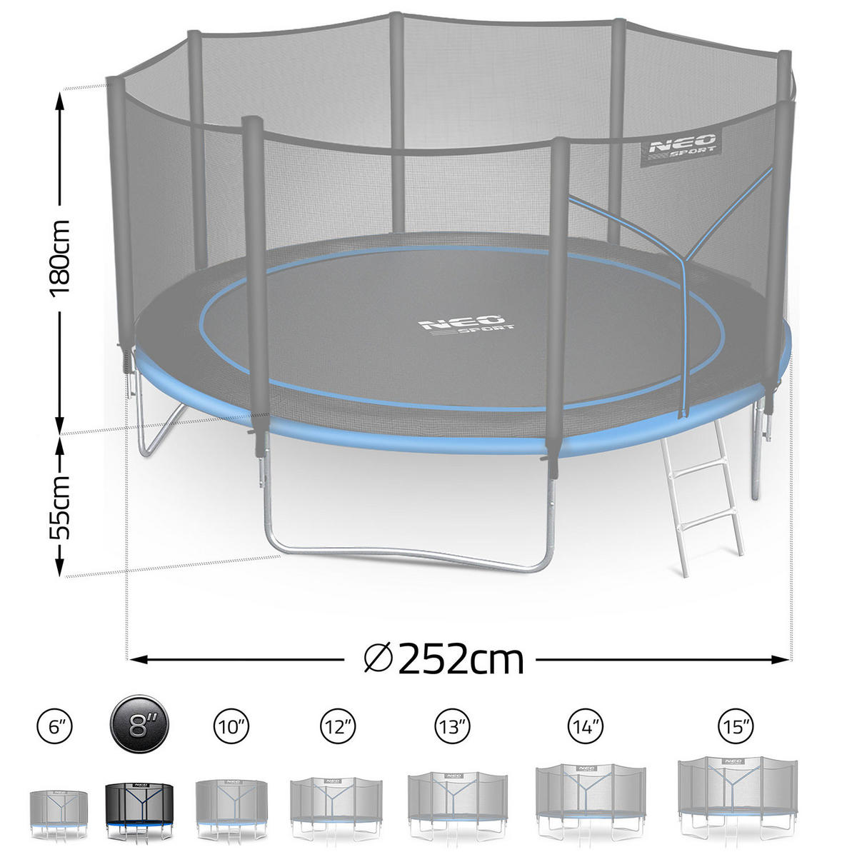 GARTENTRAMPOLIN 8 ft/252 cm mit Außennetz und Leiter - Blau, Metall (252/252cm)