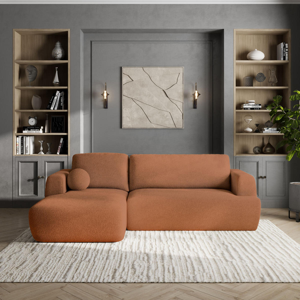 ECKSOFA SENTI N L-S Orange Boucle-Stoff mit Schlaffunktion - Schwarz/Orange, Holz/Kunststoff (246/148cm) - MASSENO