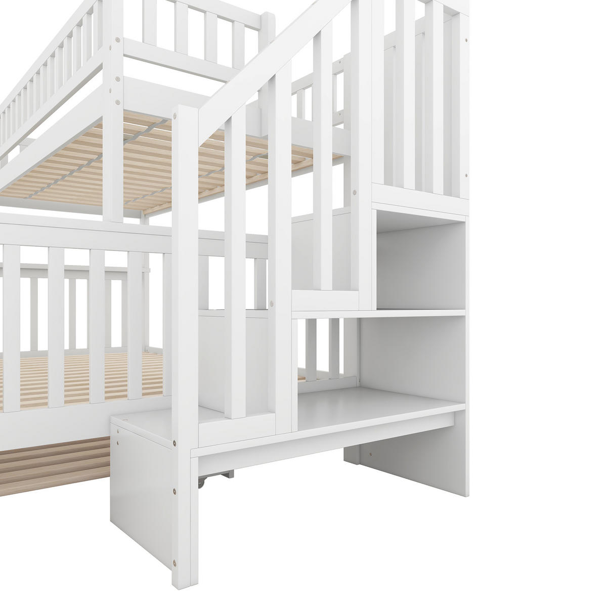 ETAGENBETT 90/200/140/200 cm Weiß mit Rollbett und Treppe - Weiß, Holz (90/200cm) - OKWISH