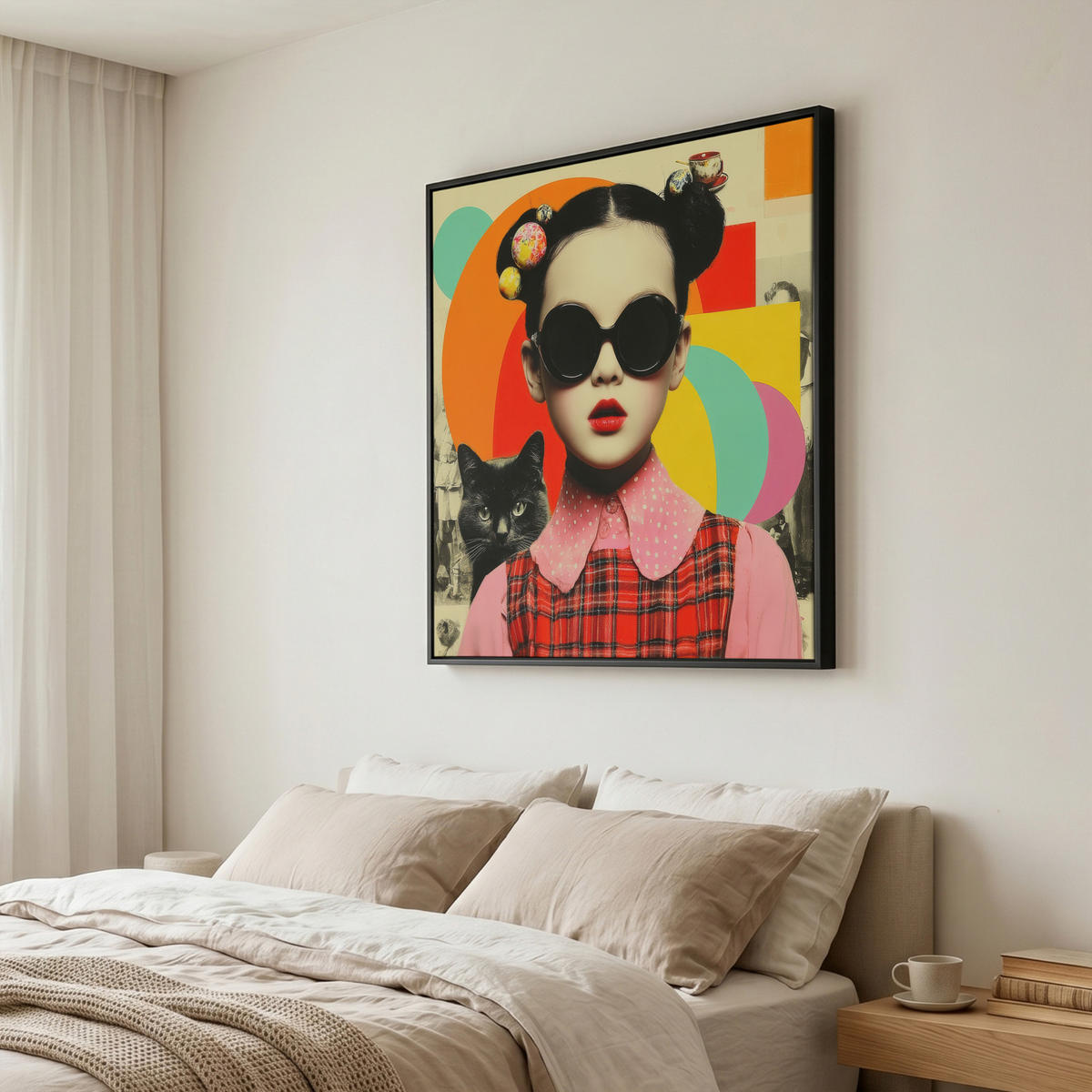 LEINWAND Bilder mit Rahmen - Mädchen - Sonnenbrille - Katze - Retro - 90x90 - Beige, Textil (90/90cm) - MuchoWow