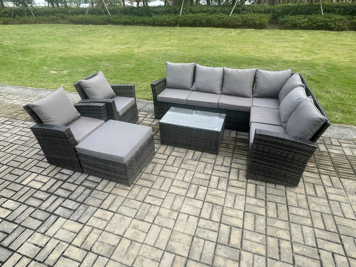 LOUNGEMÖBEL-SETS mit Couchtisch Sofa Polyrattan Dunkelgrau 9-Sitzer - Dunkelgrau/Grau, Glas/Kunststoff - Fimous