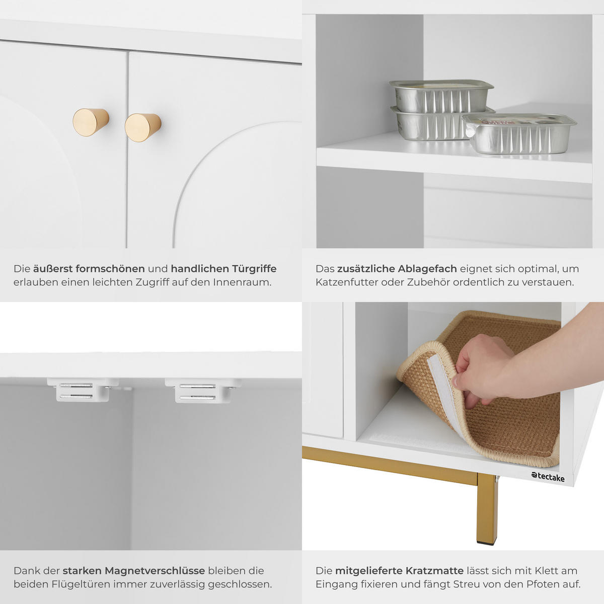 KATZENSCHRANK Kalea,inklusive Kratzmatte, 80 x 52 x 61,5 cm,weiß/gold - Goldfarben/Weiß, Holz (80/61.5/52cm) - tectake