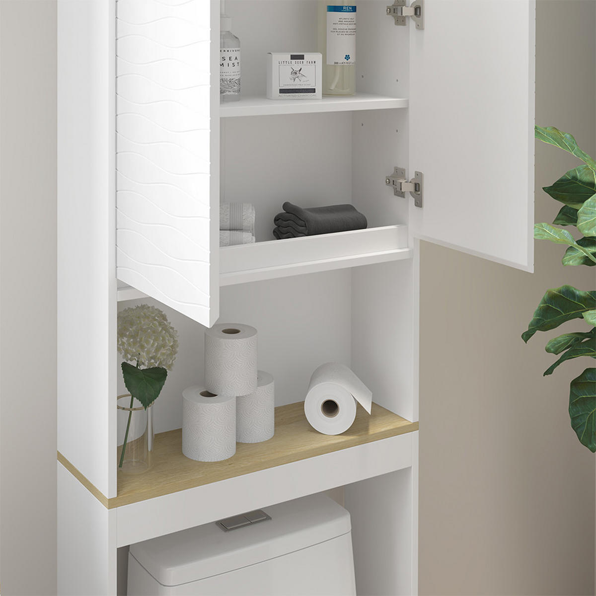 TOILETTENSCHRANK Livia Weiß 60 x 163 cm - Weiß/Naturfarben, Holzwerkstoff (60/163/20cm) - Vicco