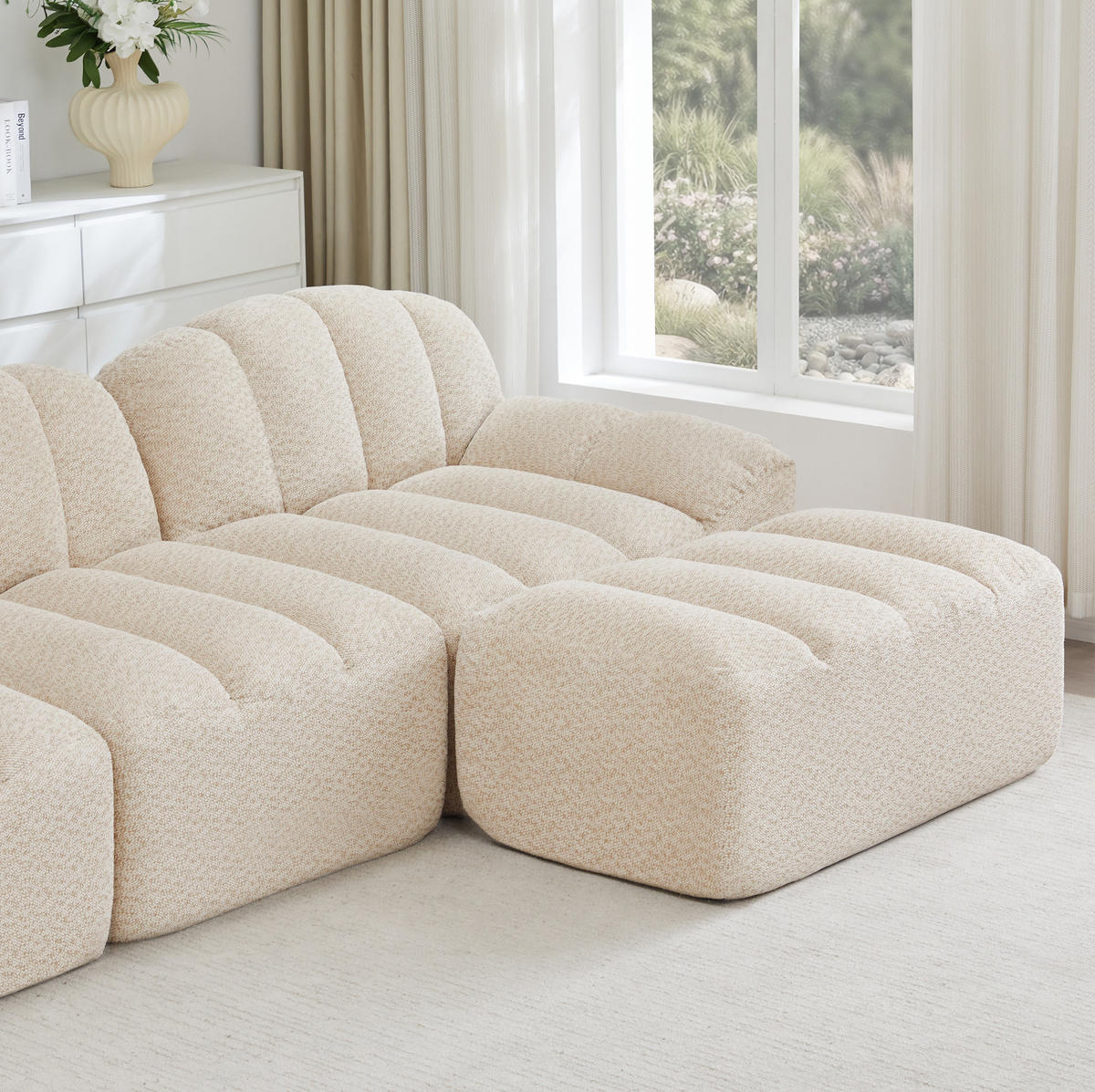 SOFA 210/165/79 cm in Beige-Weiß mit Ottoman und ohne Montage - Beige, Textil (165/79/210cm) - Flora Grace