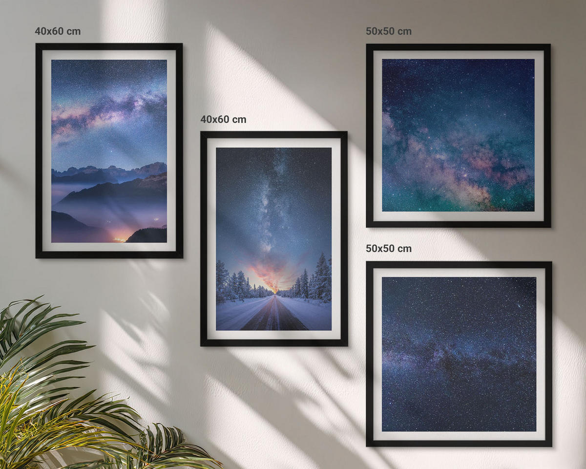 BILDER SET 4er Set - 50x50 cm & 40x60 cm Schwarzer Rahmen - Nachthimmel, Berge, Winter, Weltraum - Schwarz, Kunststoff (50/50cm) - TULUP
