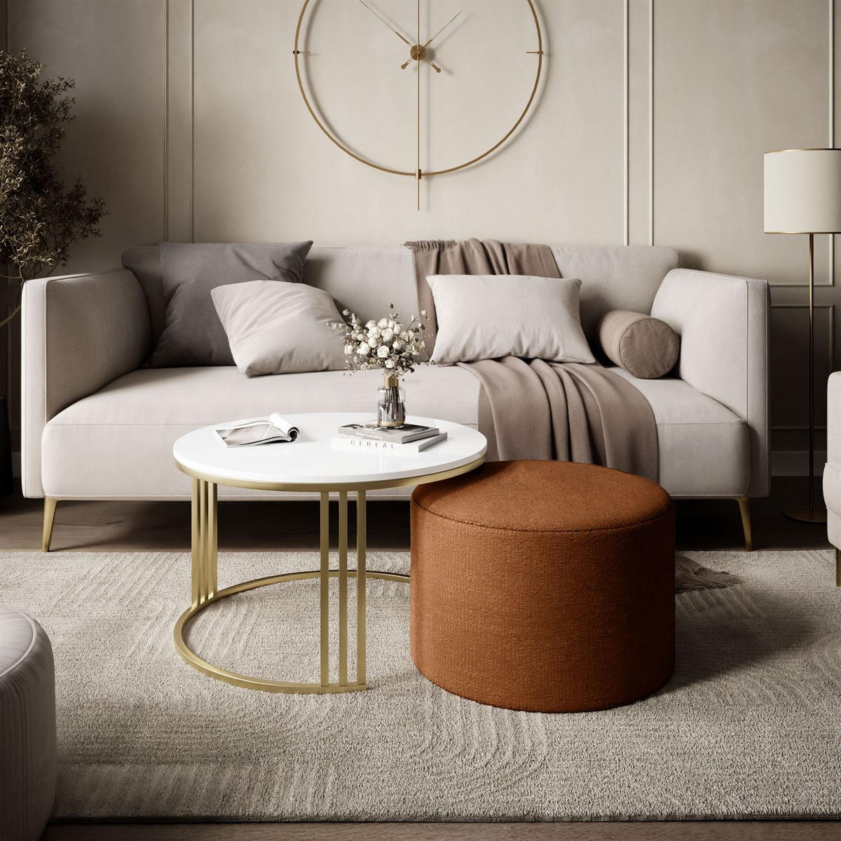 COUCHTISCH mit Hocker LORI Hochglanz gebürstetes Gold/weißer Glanz/Perfect Harmony 52 - Weiß, Metall (70/70/49cm) - Lookway