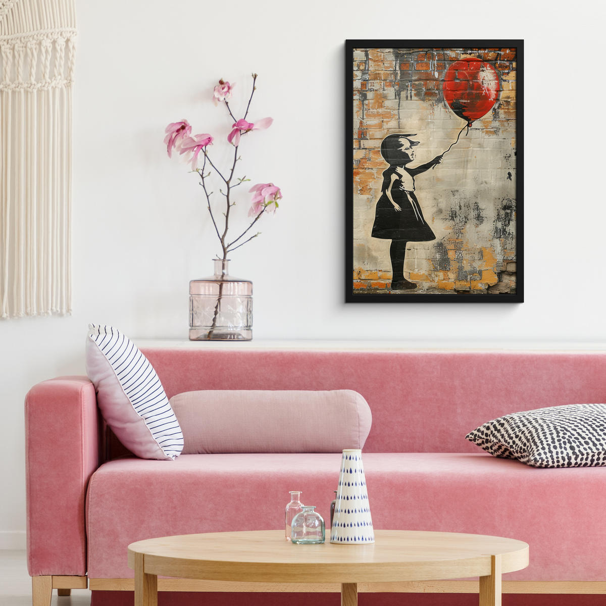 GERAHMTES BILD Graffiti - Banksy - Mädchen - Straßenkunst 40x60 cm - Sandfarben, Papier (40/60cm) - MuchoWow