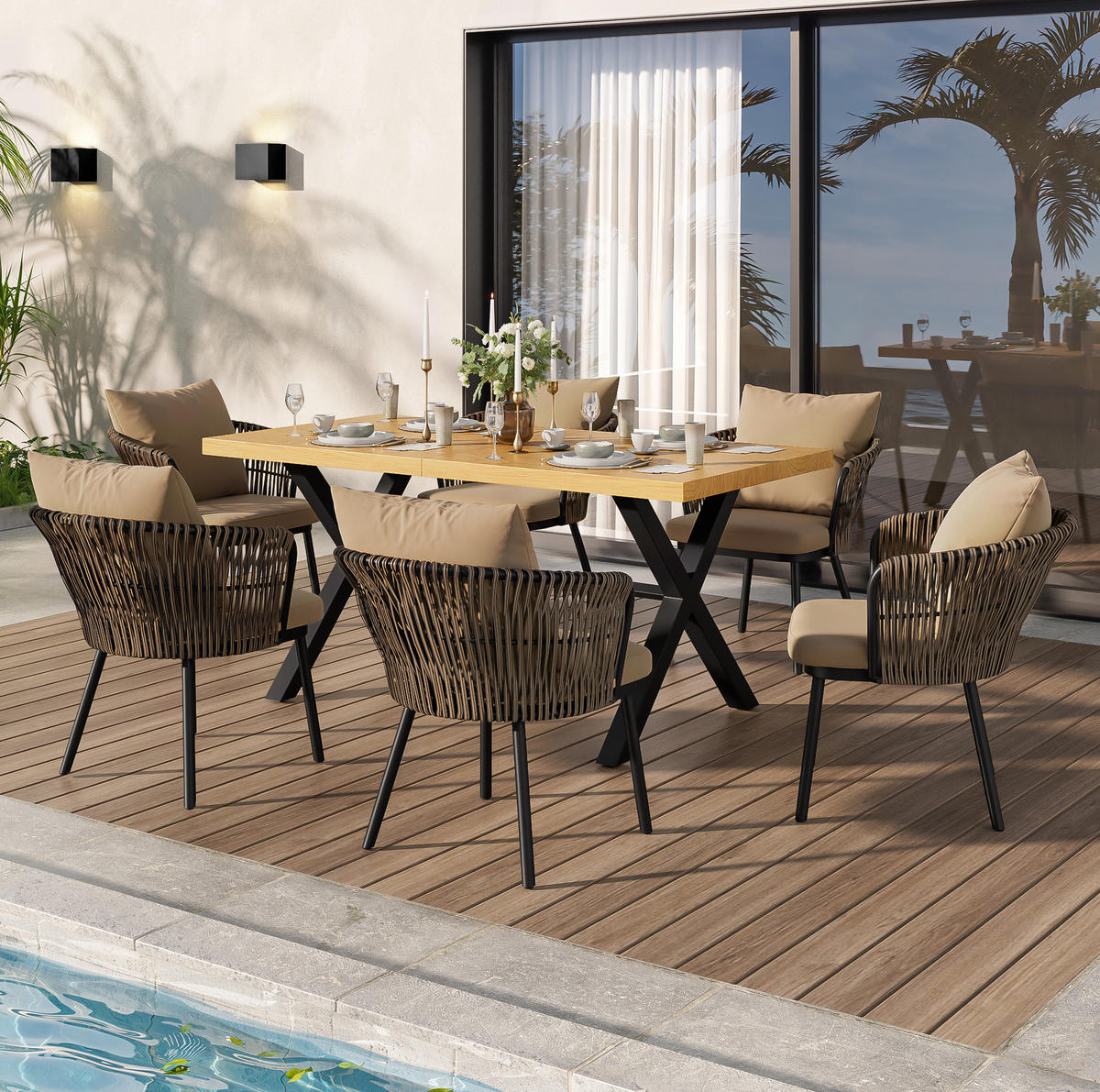 GARTEN-ESSGRUPPE 150/75/75 cm khaki/natur aus Eisen und Polyester für 6 Personen - Naturfarben, Metall - OKWISH